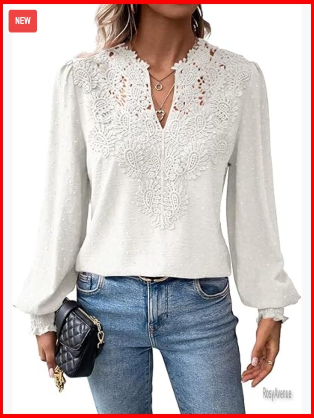Women's Swiss Dot Long Sleeve Blouse V Neck Flowy Lace Hem Boho Tunic Top